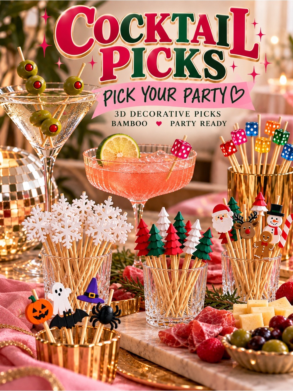 Cocktail Picks 3D Decorative Bamboo Charcuterie Appetizer Picks Party Barware